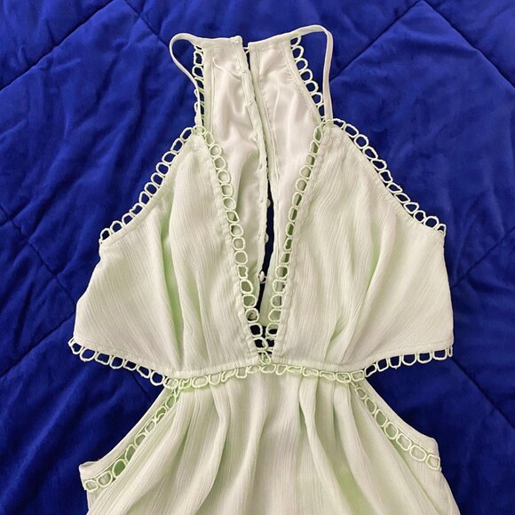 ASOS Sage Green Cami Halterneck Cutout Mini Dress with Eyelete Lace Circle Trim - Picture 3 of 6